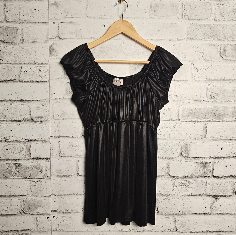 Costa Blanca Black Satin Babydoll Top Puff Sleeve Y2K Small